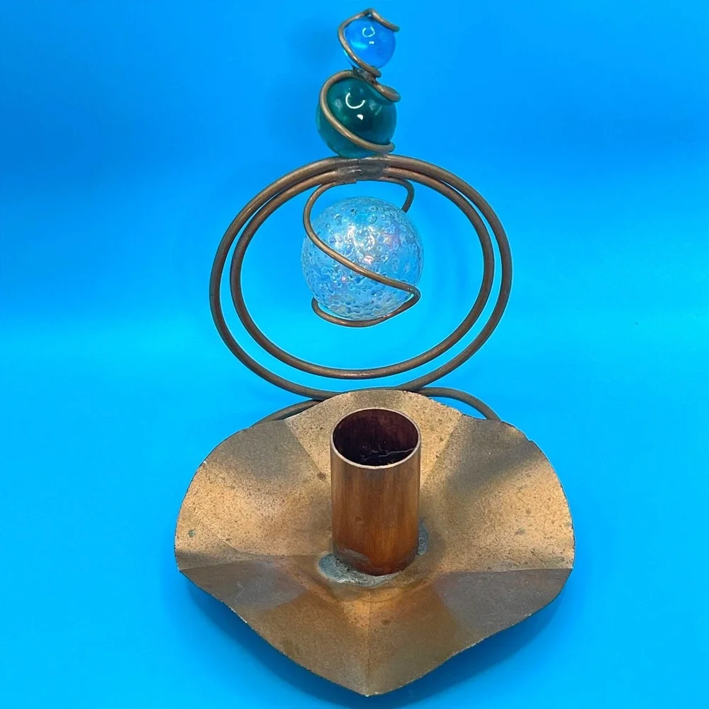 Artisan Copper Wire Glass Orb Candle Holder Sculpture Blue Green Mixed Media‎
